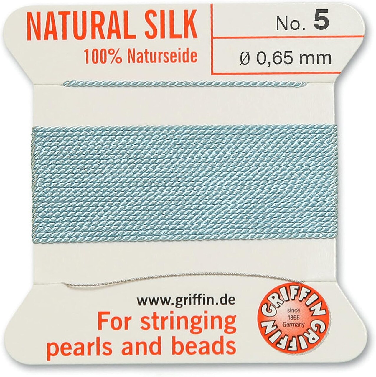 Griffin Silk Bead Cord Perlseide – Size 5 (0.65mm) – 2 Meters per Card – Stainless Steel Needle Attached – for Knotting Pearls, Gemstones, Crystals and Beads
